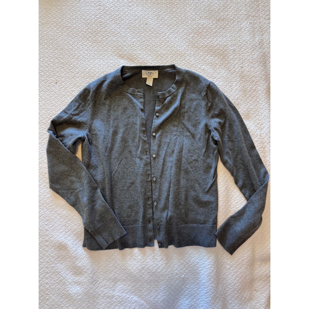 Ann Taylor Loft Petites Gray Button Front Crew Neck Cardigan Sweater SP